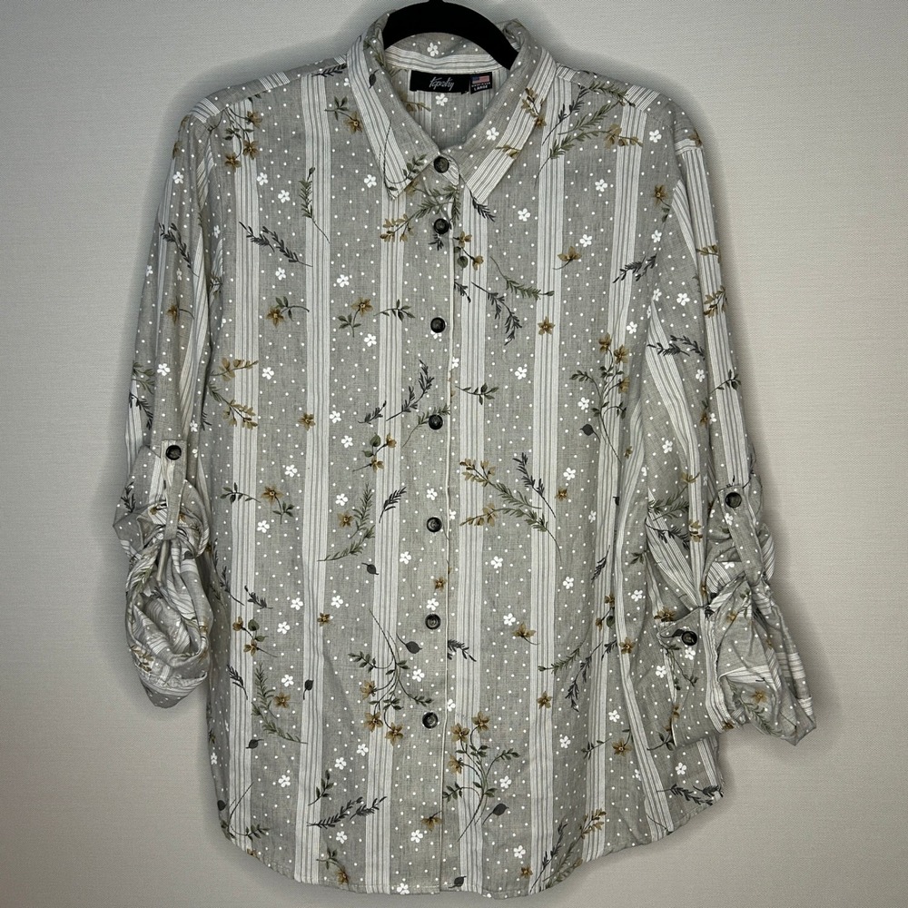Tapestry Vintage Button Up Shirt Gray Floral Striped Roll Tab Sleeve Women L USA